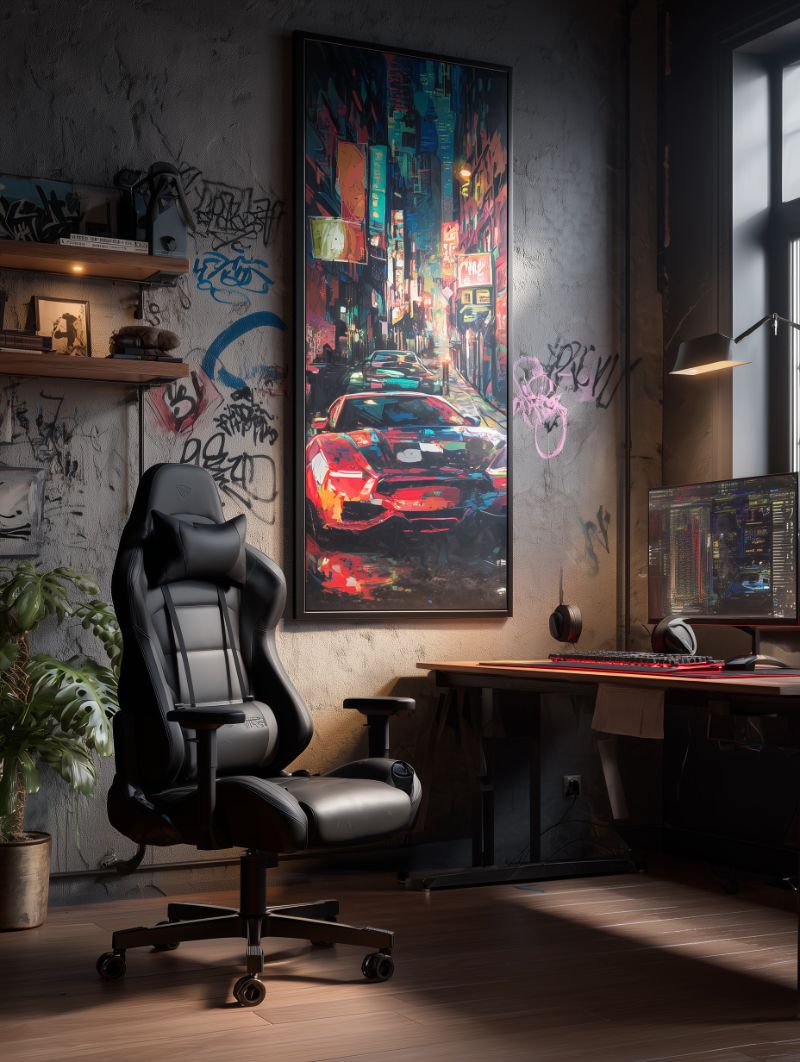 Colț de birou gaming cu monitor și poster urban, iluminare de seară