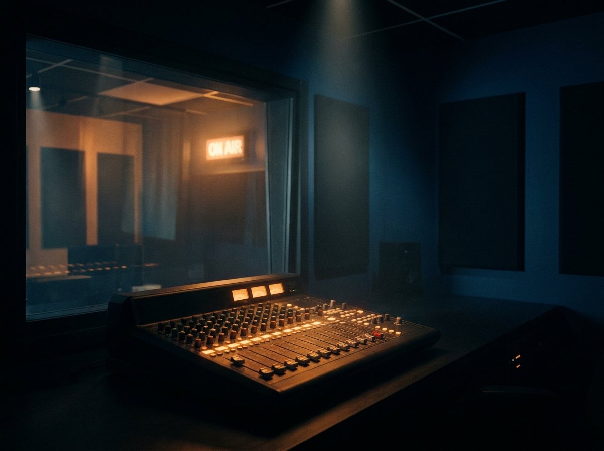 Consolă de mixaj cu fadere iluminate într-un studio radio, noaptea